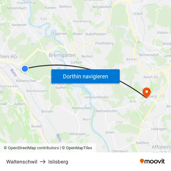 Waltenschwil to Islisberg map