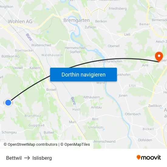 Bettwil to Islisberg map