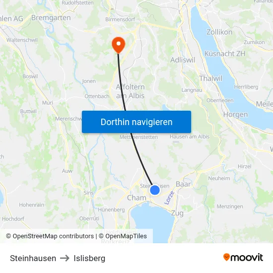 Steinhausen to Islisberg map
