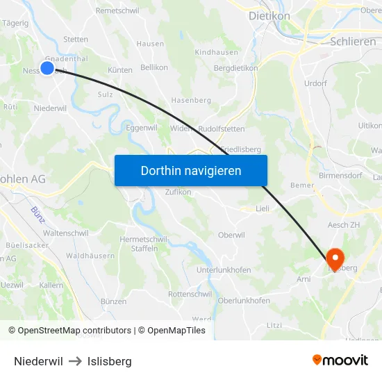 Niederwil to Islisberg map