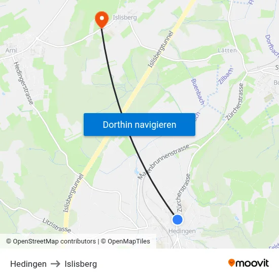 Hedingen to Islisberg map