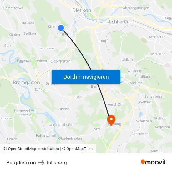 Bergdietikon to Islisberg map