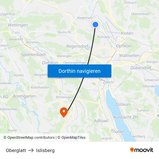 Oberglatt to Islisberg map