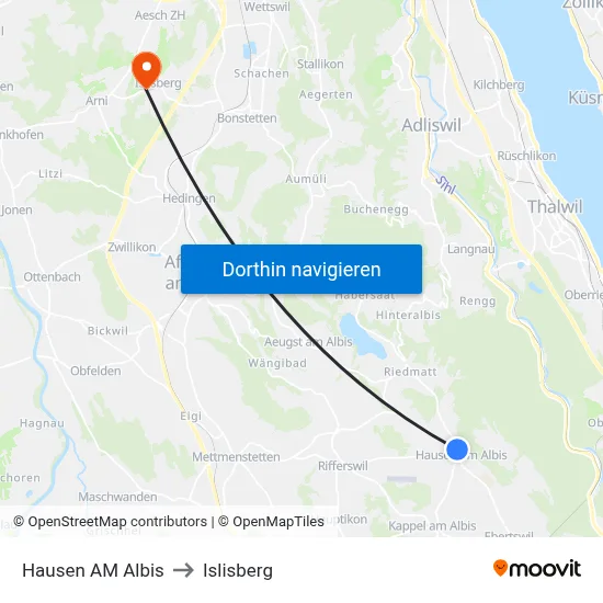 Hausen AM Albis to Islisberg map