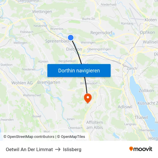 Oetwil An Der Limmat to Islisberg map