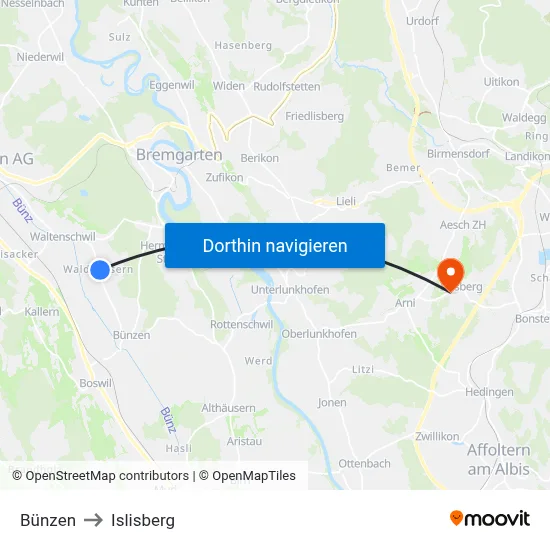 Bünzen to Islisberg map