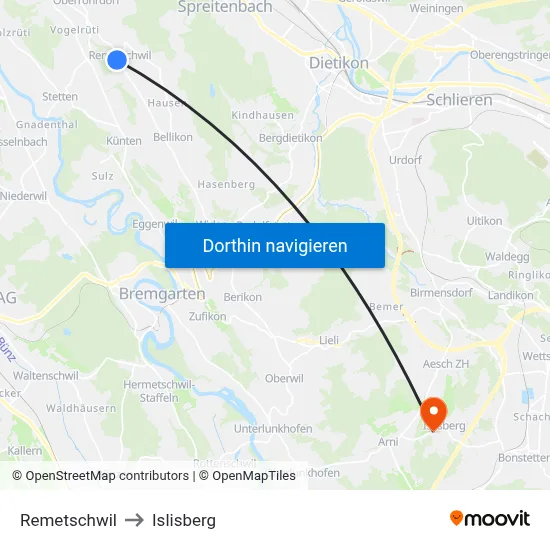 Remetschwil to Islisberg map