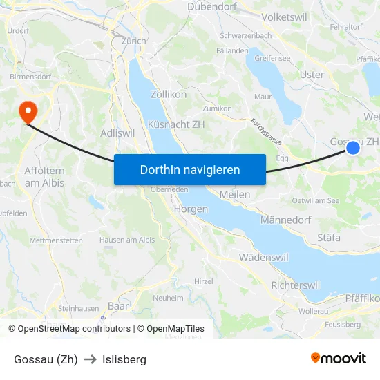 Gossau (Zh) to Islisberg map