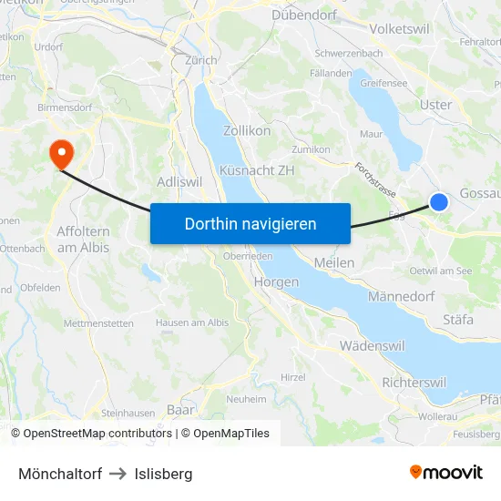Mönchaltorf to Islisberg map