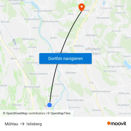 Mühlau to Islisberg map