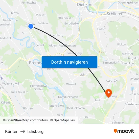 Künten to Islisberg map
