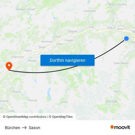 Bürchen to Saxon map