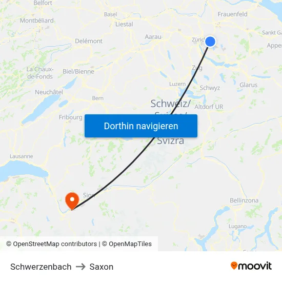 Schwerzenbach to Saxon map