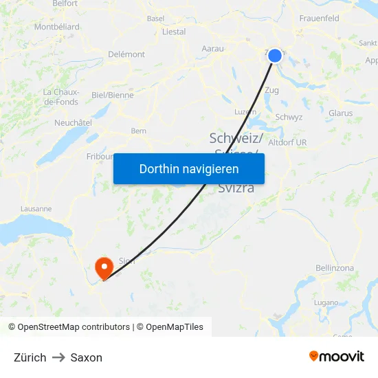 Zürich to Saxon map