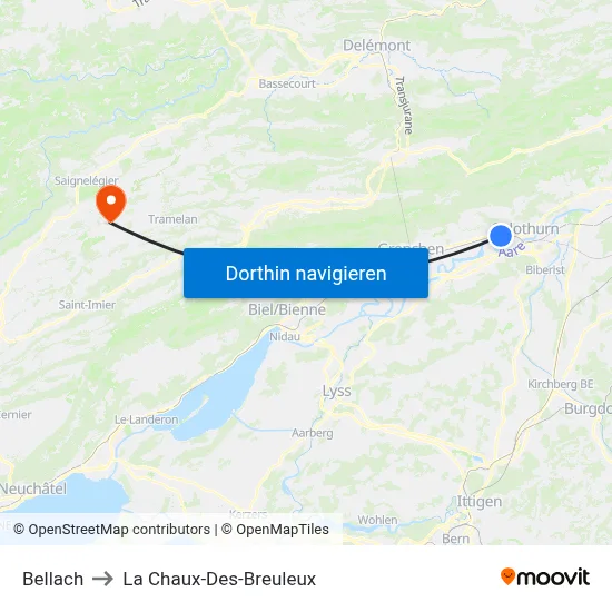 Bellach to La Chaux-Des-Breuleux map