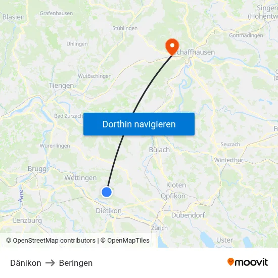 Dänikon to Beringen map