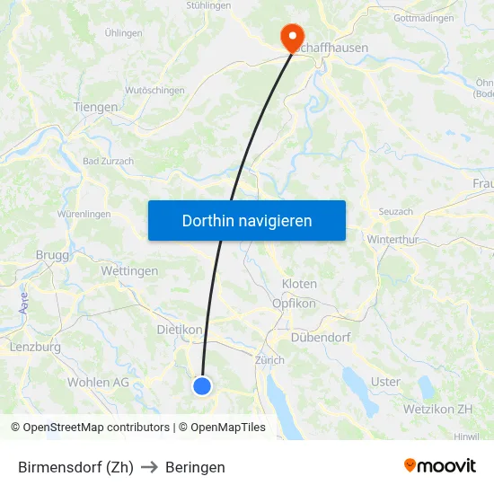 Birmensdorf (Zh) to Beringen map
