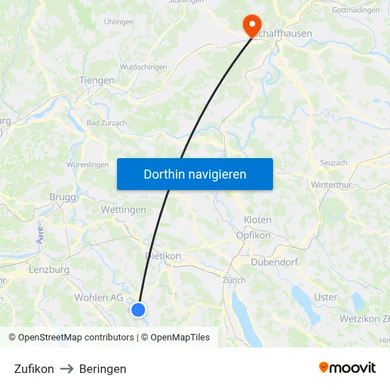 Zufikon to Beringen map