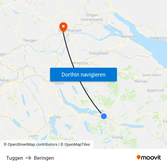 Tuggen to Beringen map