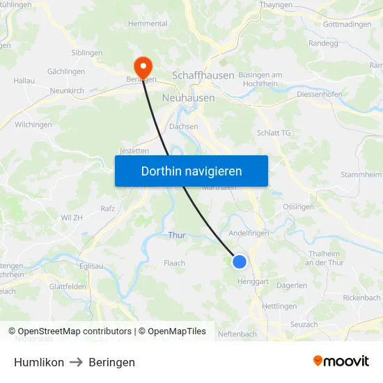 Humlikon to Beringen map