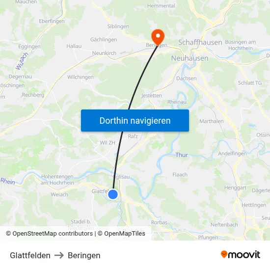 Glattfelden to Beringen map