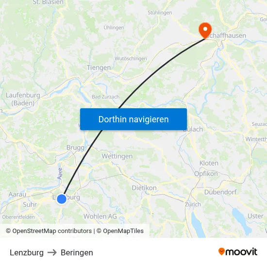 Lenzburg to Beringen map