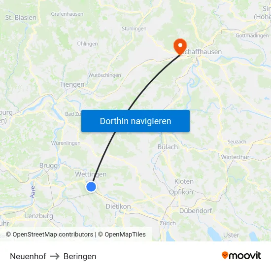 Neuenhof to Beringen map