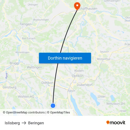 Islisberg to Beringen map