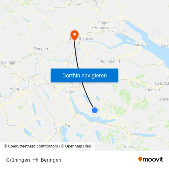 Grüningen to Beringen map