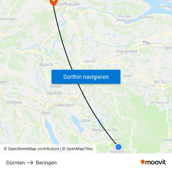 Dürnten to Beringen map