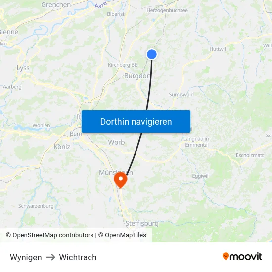 Wynigen to Wichtrach map
