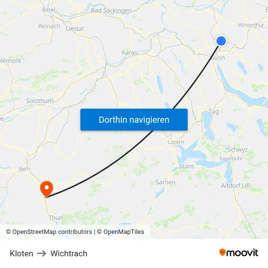 Kloten to Wichtrach map