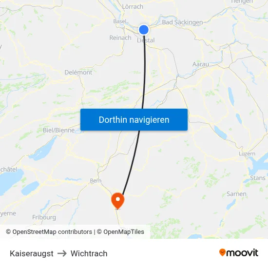 Kaiseraugst to Wichtrach map
