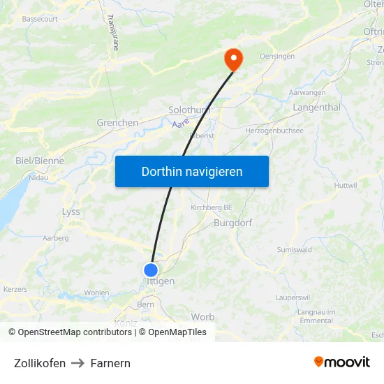 Zollikofen to Farnern map