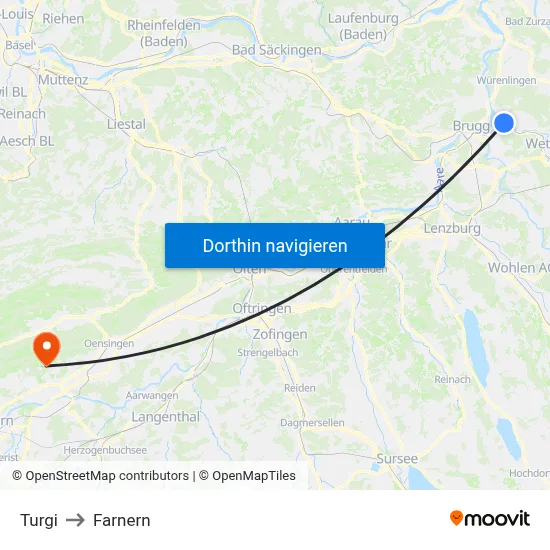 Turgi to Farnern map