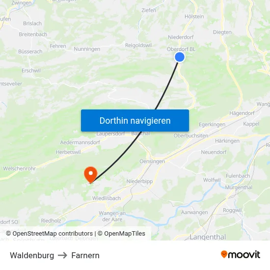 Waldenburg to Farnern map