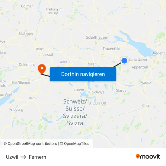 Uzwil to Farnern map