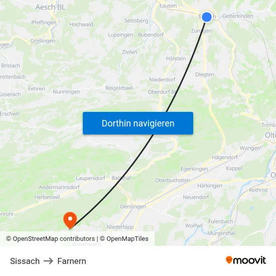 Sissach to Farnern map