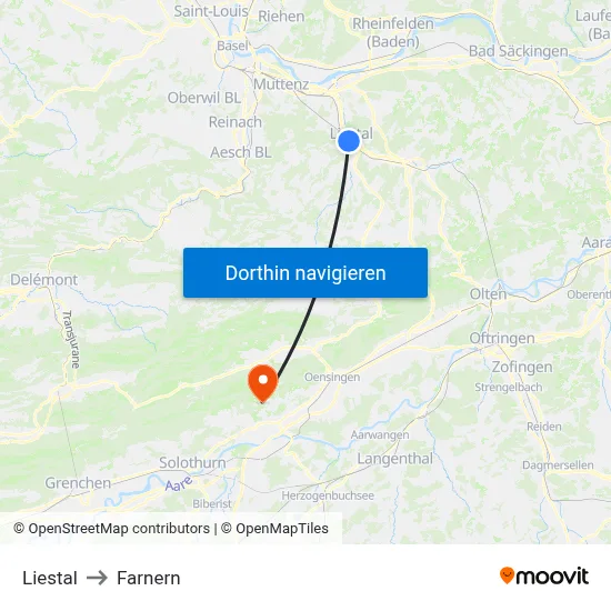 Liestal to Farnern map
