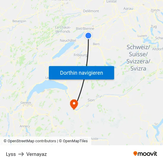 Lyss to Vernayaz map