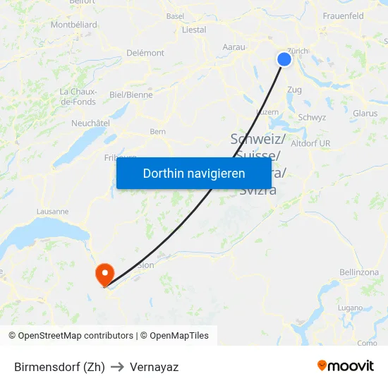 Birmensdorf (Zh) to Vernayaz map