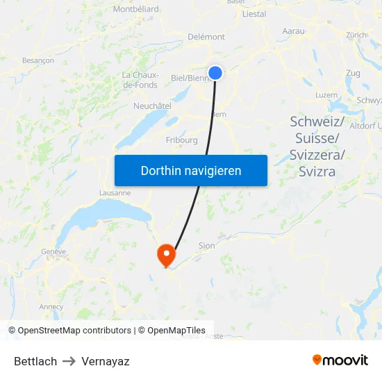 Bettlach to Vernayaz map