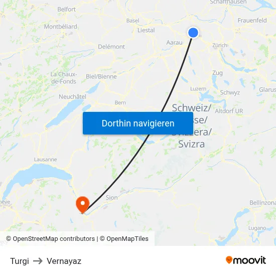 Turgi to Vernayaz map