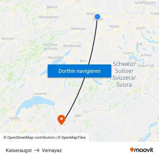 Kaiseraugst to Vernayaz map