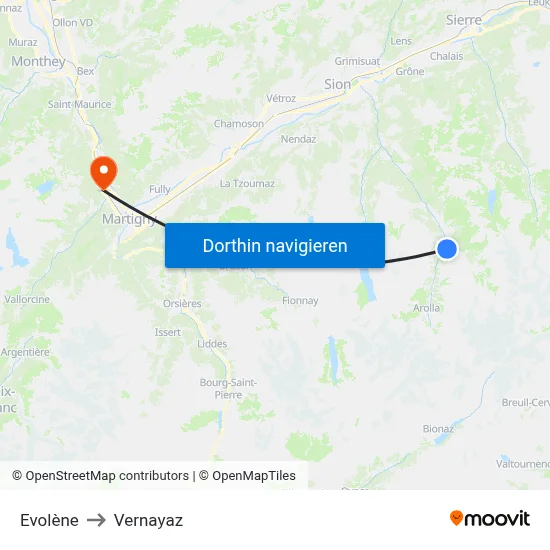 Evolène to Vernayaz map