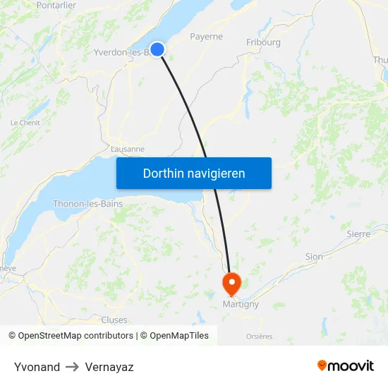 Yvonand to Vernayaz map