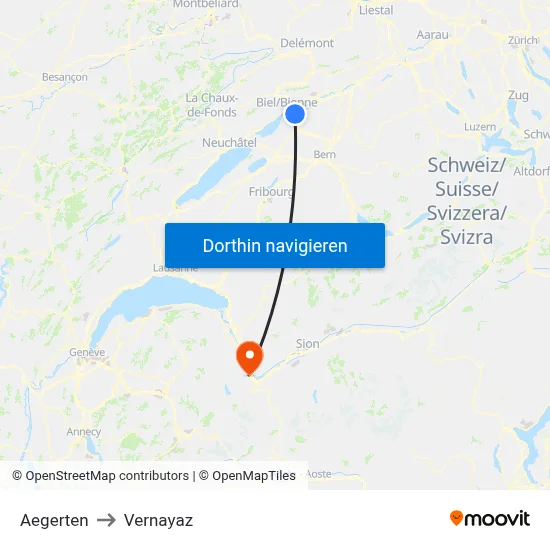 Aegerten to Vernayaz map