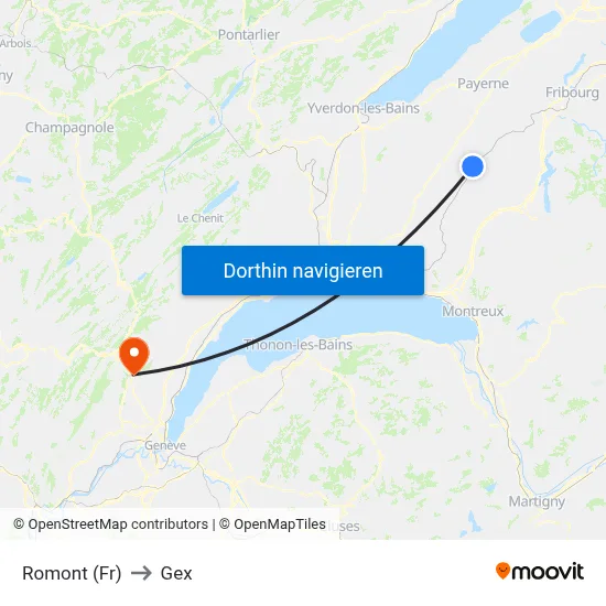 Romont (Fr) to Gex map