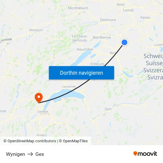 Wynigen to Gex map