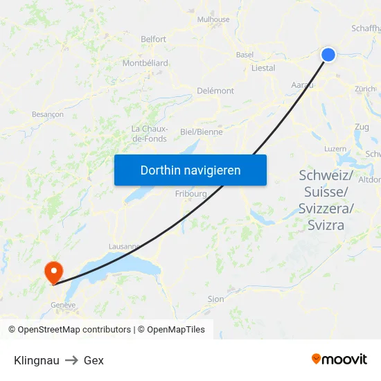 Klingnau to Gex map